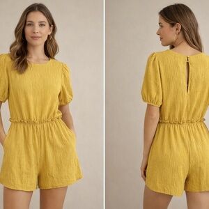 Popvil Mustard Yellow Crinkle Puff Sleeve Romper Women’s Small NEW
